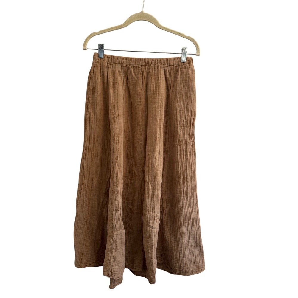 Xirena Brown Cotton Double Gauze Midi Skirt Elastic Waist Camel Medium